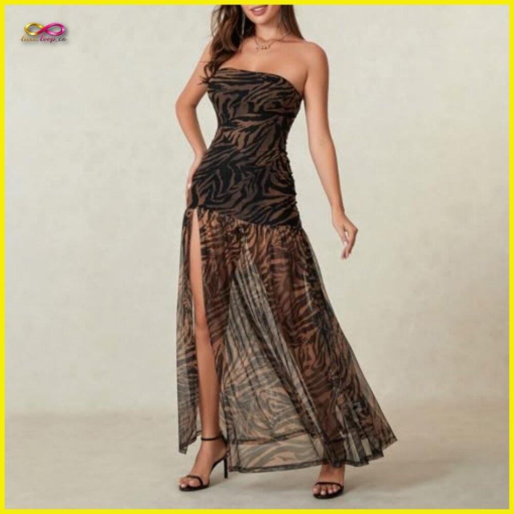 Strapless Backless Maxi Dress Patchwork Mesh High… - image 3